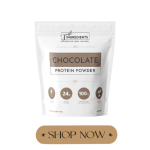 Bag of protein powder. Bag is white with brown accents to symbolize the chocolate flavor